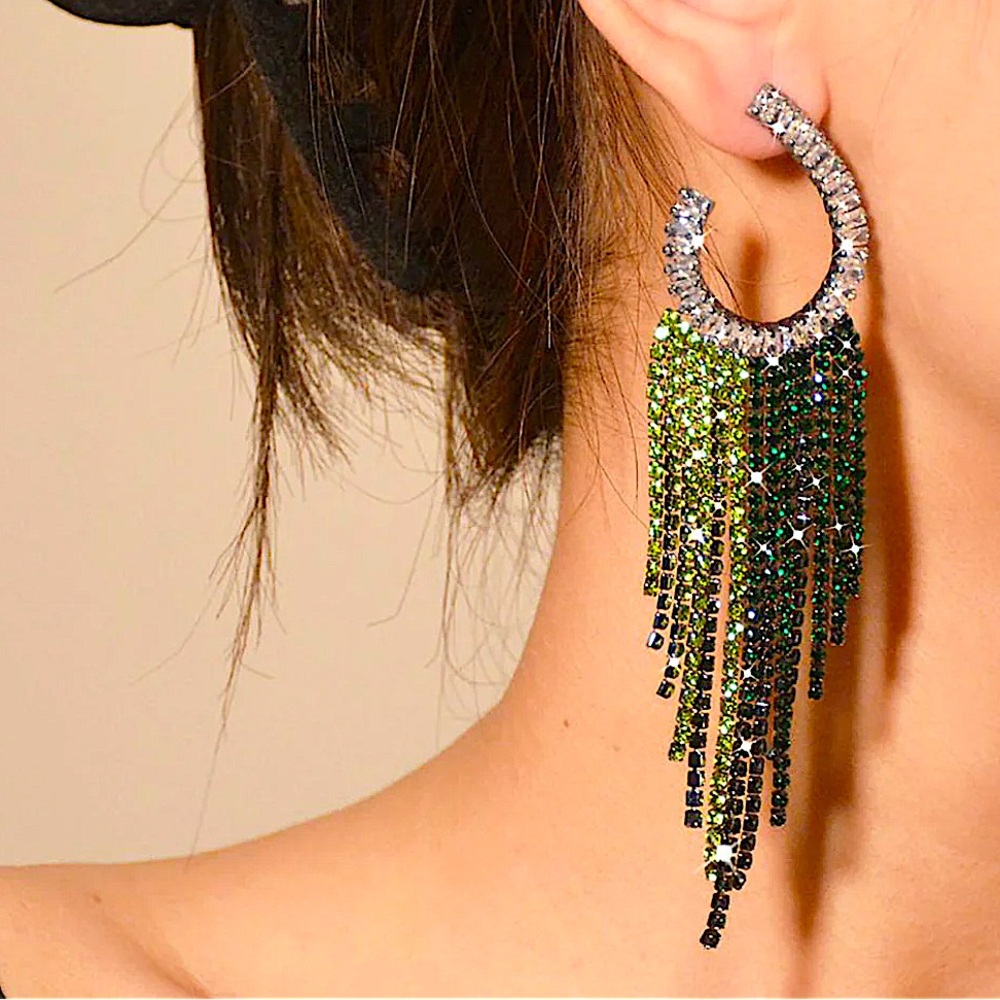 Luxury Emerald Rhinestone Earrings Tassel Long Wedding Prom Anniversary